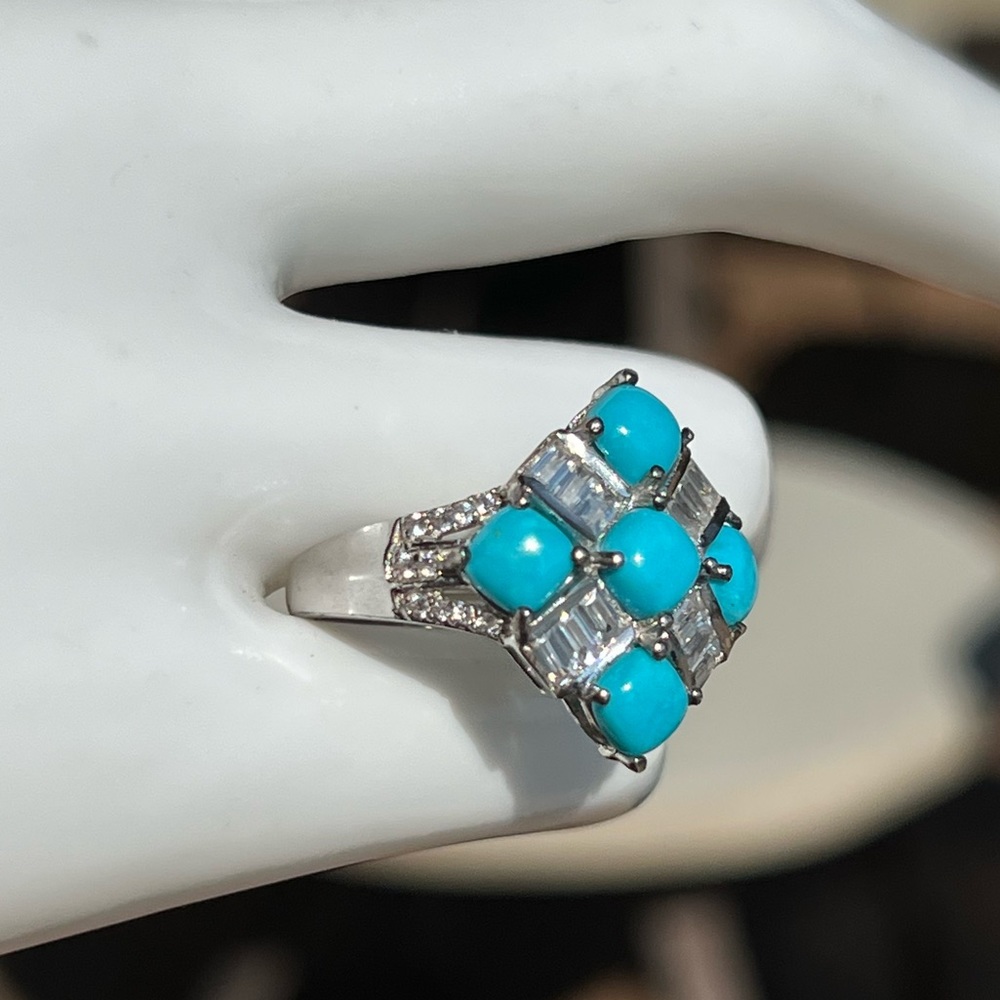 Arizona Sleeping Beauty Turquoise and Zircon Checkered Sterling Silver R… - Picture 12 of 14